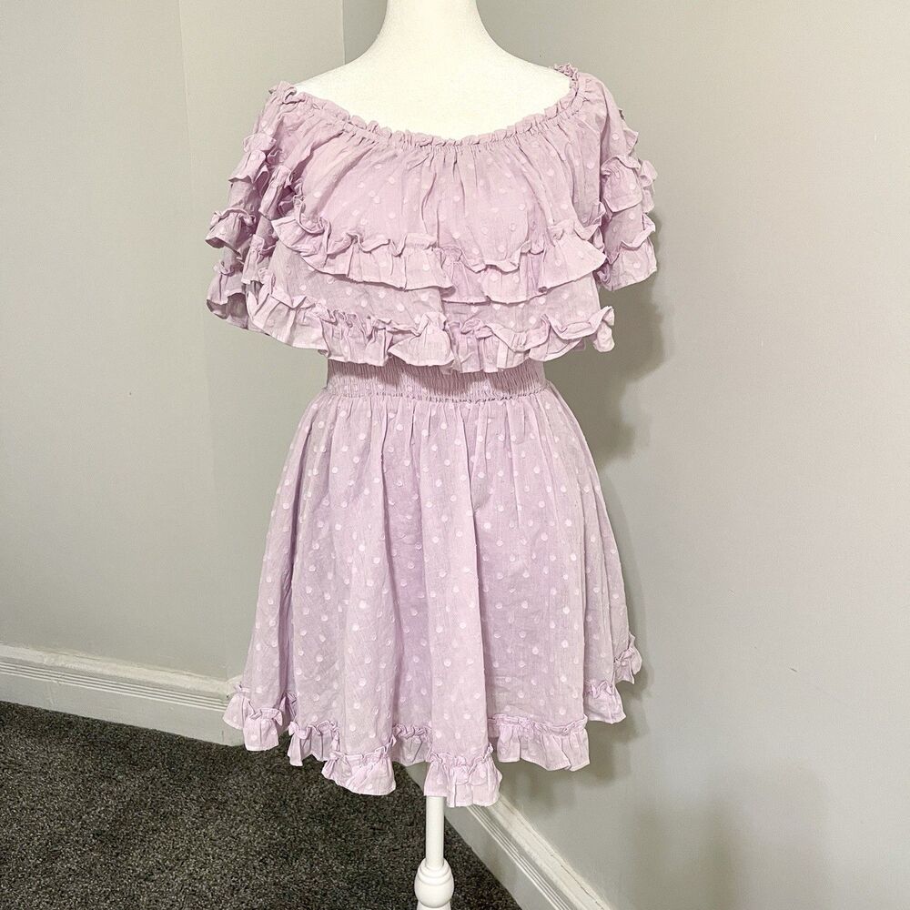 Mable Dress Womens Small Off Shoulder Ruffled Clip Dot Lavender Lined Mini